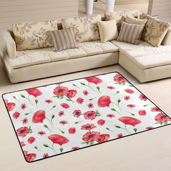 SKYSONIC 36x24in Bright Red Poppies Area Rug, Cute Summer Floral Non-Slip Floor Carpet for Indoor Living Dining Room Bedroom