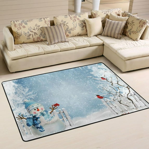 SKYSONIC 36x24in Christmas Snowman Area Rug, Bullfinches Winter Non-Slip Floor Carpet for Indoor Living Dining Room Bedroom
