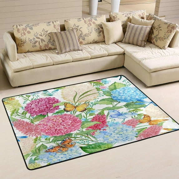 SKYSONIC 36x24in Colorful Flowers Area Rug, Pretty Hydrangea Non-Slip Floor Carpet for Indoor Living Dining Room Bedroom