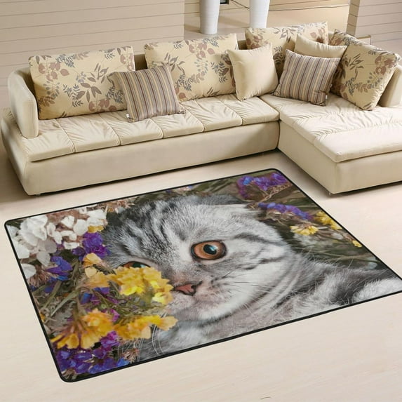 SKYSONIC 36x24in Cute Cat Autumn Area Rug, Fall Thanksgiving Day Non-Slip Floor Carpet for Indoor Living Dining Room Bedroom