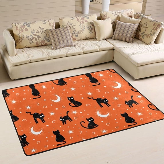 SKYSONIC 36x24in Cute Halloween Black Cat Area Rug, Orange Glitter Non-Slip Floor Carpet for Indoor Living Dining Room Bedroom