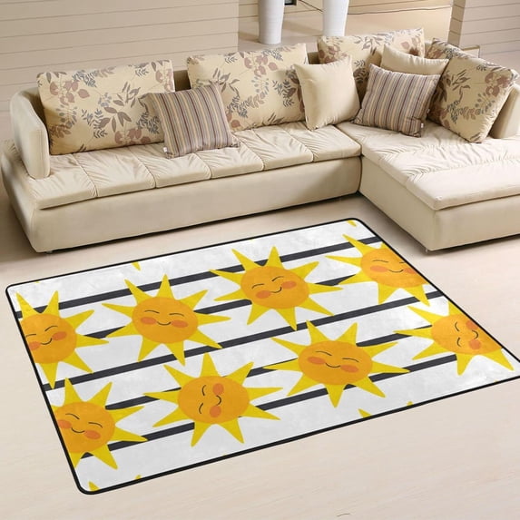 SKYSONIC 36×24in Cute Sun Area Rug, Black Striped Non-Slip Floor Carpet Comfort Floor Mats Decor for Indoor Living Dining Room and Bedroom Area