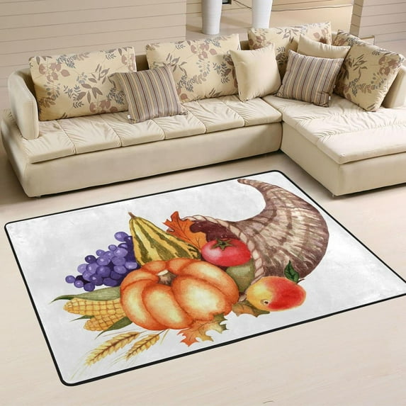 SKYSONIC 36x24in Fall Cornucopia Harvest Area Rug, Happy Thanksgiving Pumpkin Non-Slip Floor Carpet for Indoor Living Dining Room Bedroom