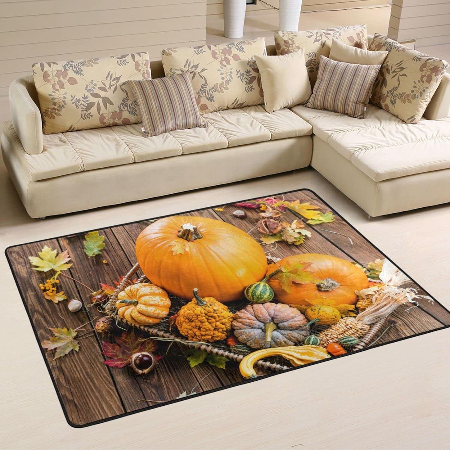 SKYSONIC 36x24in Fall Pumpkin Harvest Area Rug, Rustic Dark Wooden Non ...