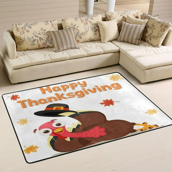 SKYSONIC 36x24in Funny Bird Turkey Area Rug, Happy Thanksgiving Non-Slip Floor Carpet for Indoor Living Dining Room Bedroom