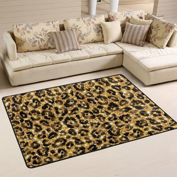 SKYSONIC 36x24in Gold Leopard Area Rug, Glitter Non-Slip Floor Carpet for Indoor Living Dining Room Bedroom