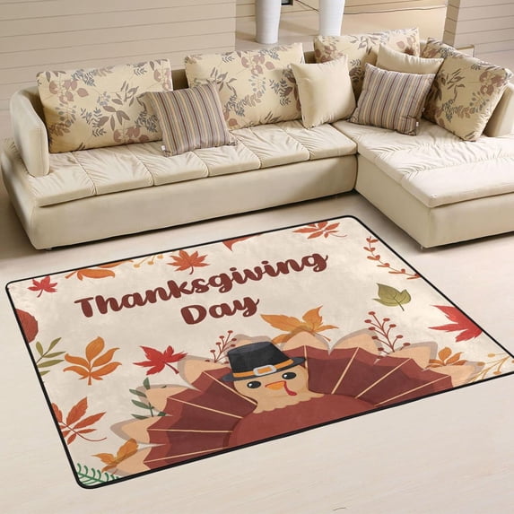 SKYSONIC 36x24in Happy Thanksgiving Area Rug, Fall Gentleman Turkey Non-Slip Floor Carpet for Indoor Living Dining Room Bedroom