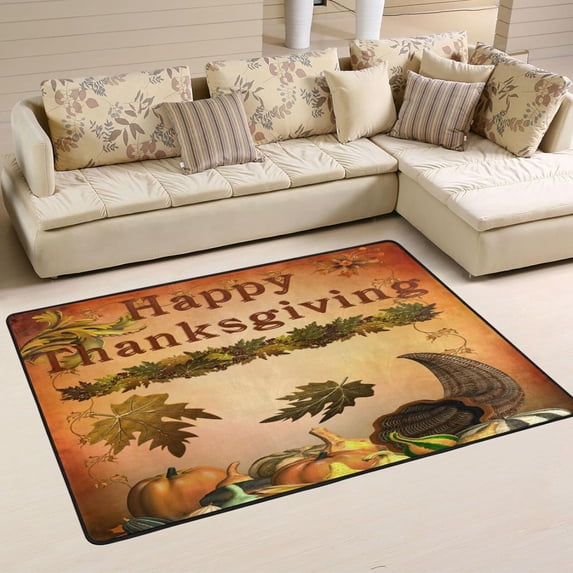 SKYSONIC 36x24in Happy Thanksgiving Harvest Area Rug, Vintage Pumpkin Cornucopia Non-Slip Floor Carpet for Indoor Living Dining Room Bedroom