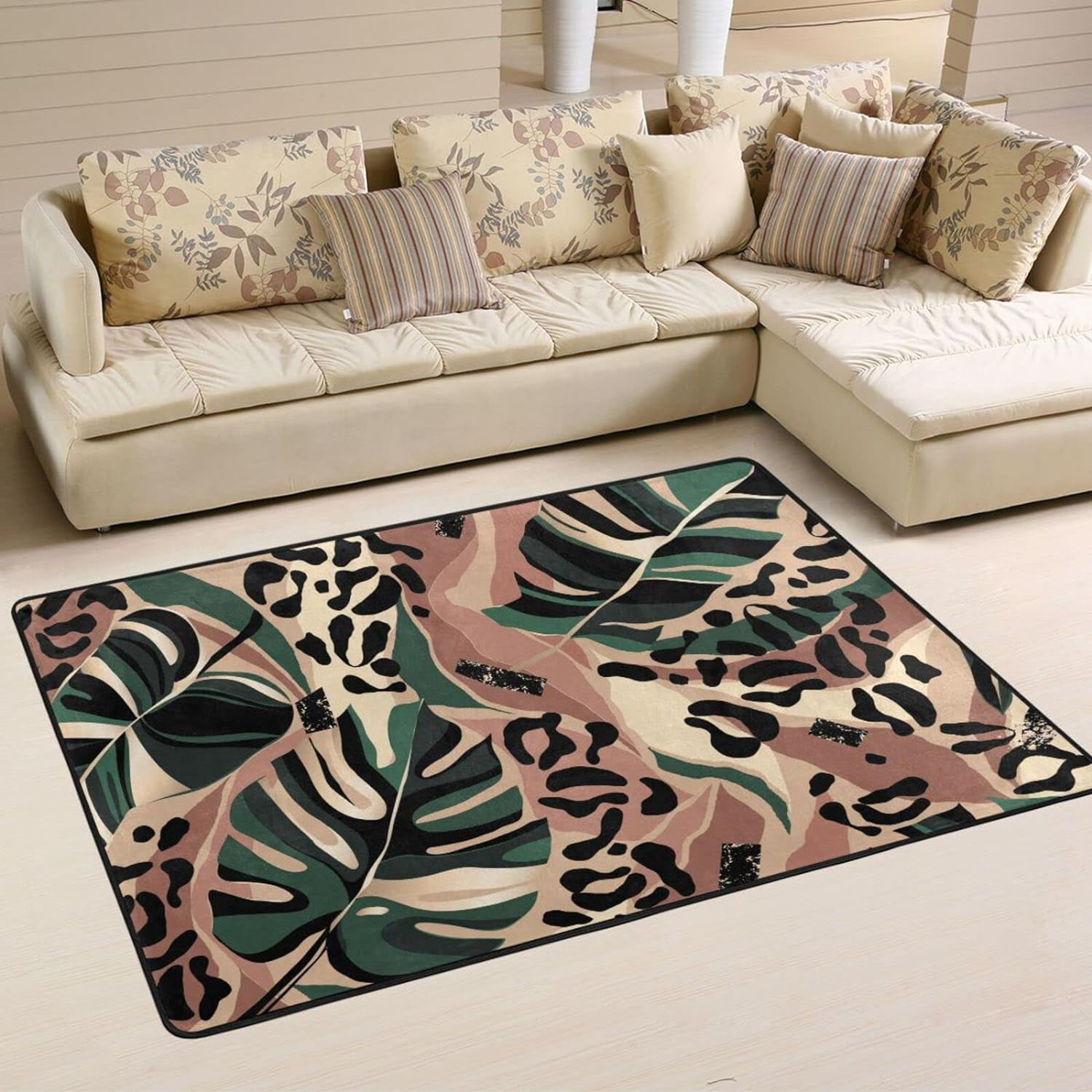 SKYSONIC 36×24in Leopard Print Palm Leaves Area Rug, Exotic Cheetah Animal NonSlip Floor Carpet