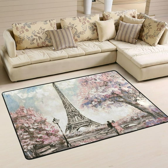 SKYSONIC 36x24in Paris Eiffel Tower Area Rug, Pink Valentines Day Floor Carpet for Indoor Living Dining Room Bedroom
