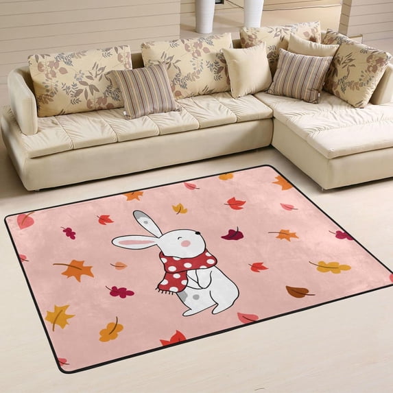 SKYSONIC 36x24in Rabbit Autumn Leaves Area Rug, Cute Fall Animal Non-Slip Floor Carpet for Indoor Living Dining Room Bedroom
