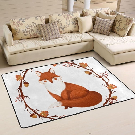 SKYSONIC 36x24in Red Fox Wreath Area Rug, Non-Slip Floor Carpet for Indoor Living Dining Room Bedroom