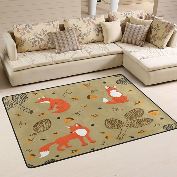 SKYSONIC 36x24in Red Foxes Autumn Area Rug, Fall Forest Pines Non-Slip Floor Carpet for Indoor Living Dining Room Bedroom