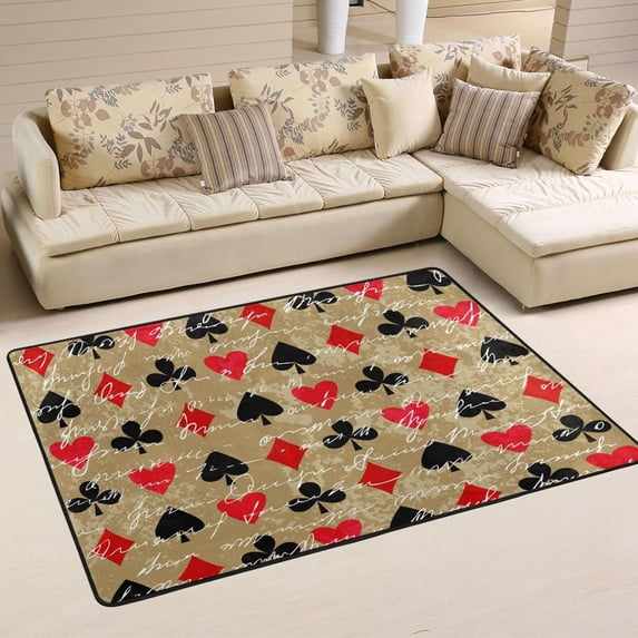 SKYSONIC 36x24in Retro Vintage Poker Card Area Rug, Playing Card Suits Non-Slip Floor Carpet for Indoor Living Dining Room Bedroom