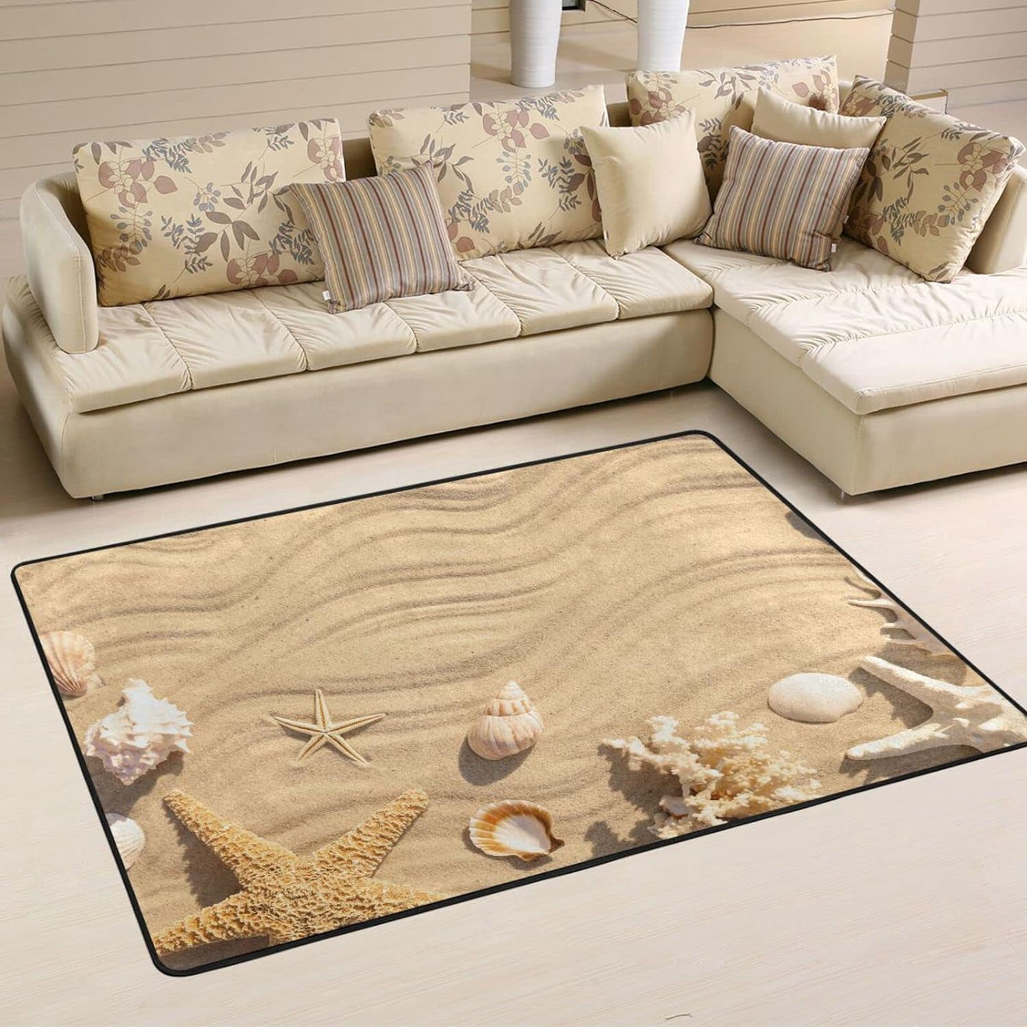SKYSONIC 36×24in Starfishes Seashells Beach Area Rug, Summer Sand Wave ...