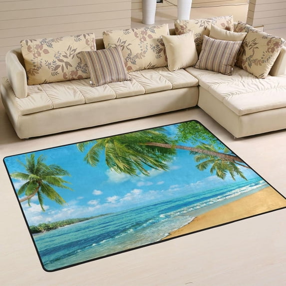 SKYSONIC 36x24in Summer Beach Sea Area Rug, Tropical Palm Tree Non-Slip Floor Carpet for Indoor Living Dining Room Bedroom