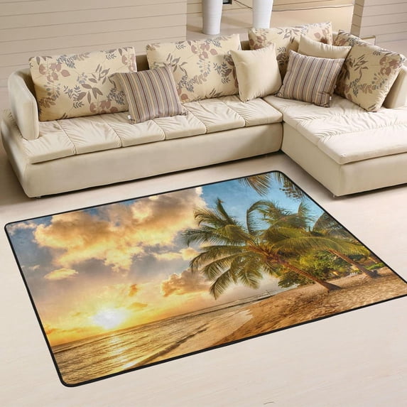 SKYSONIC 36x24in Summer Beach Sunrise Area Rug, Tropical Palm Tree Non-Slip Floor Carpet for Indoor Living Dining Room Bedroom