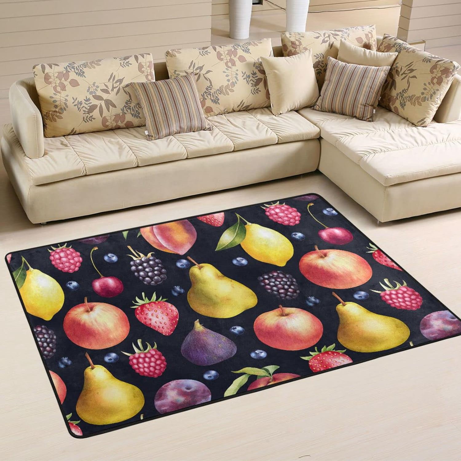 SKYSONIC 36x24in Summer Fruits Pattern Area Rug, Berries Pears Lemons ...