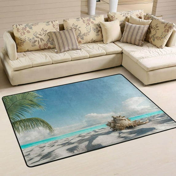 SKYSONIC 36x24in Summer Seashell White Sand Area Rug, Beach Blue Sea Non-Slip Floor Carpet for Indoor Living Dining Room Bedroom