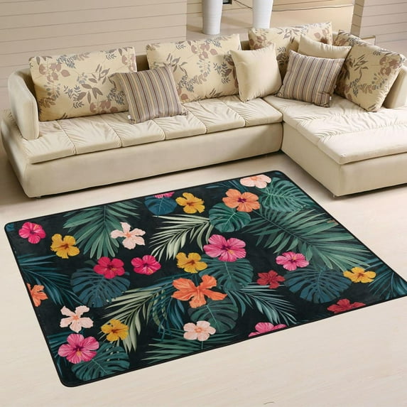SKYSONIC 36x24in Tropical Colorful Hibiscus Area Rug, Summer Palm Leaves Non-Slip Floor Carpet for Indoor Living Dining Room Bedroom