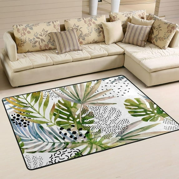 SKYSONIC 36x24in Tropical Leaves Area Rug, Abstract Palm Watercolor Non-Slip Floor Carpet for Indoor Living Dining Room Bedroom