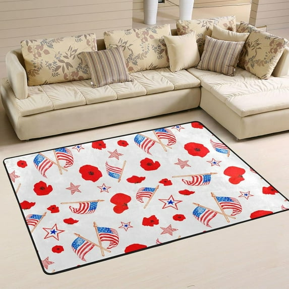 SKYSONIC 36x24in USA Flag Poppy Area Rug, Strips Stars Non-Slip Floor Carpet for Indoor Living Dining Room Bedroom