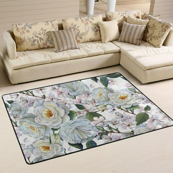 SKYSONIC 36x24in Watercolor Flowers Rose Area Rug, White Peach Blossom Non-Slip Floor Carpet for Indoor Living Dining Room Bedroom