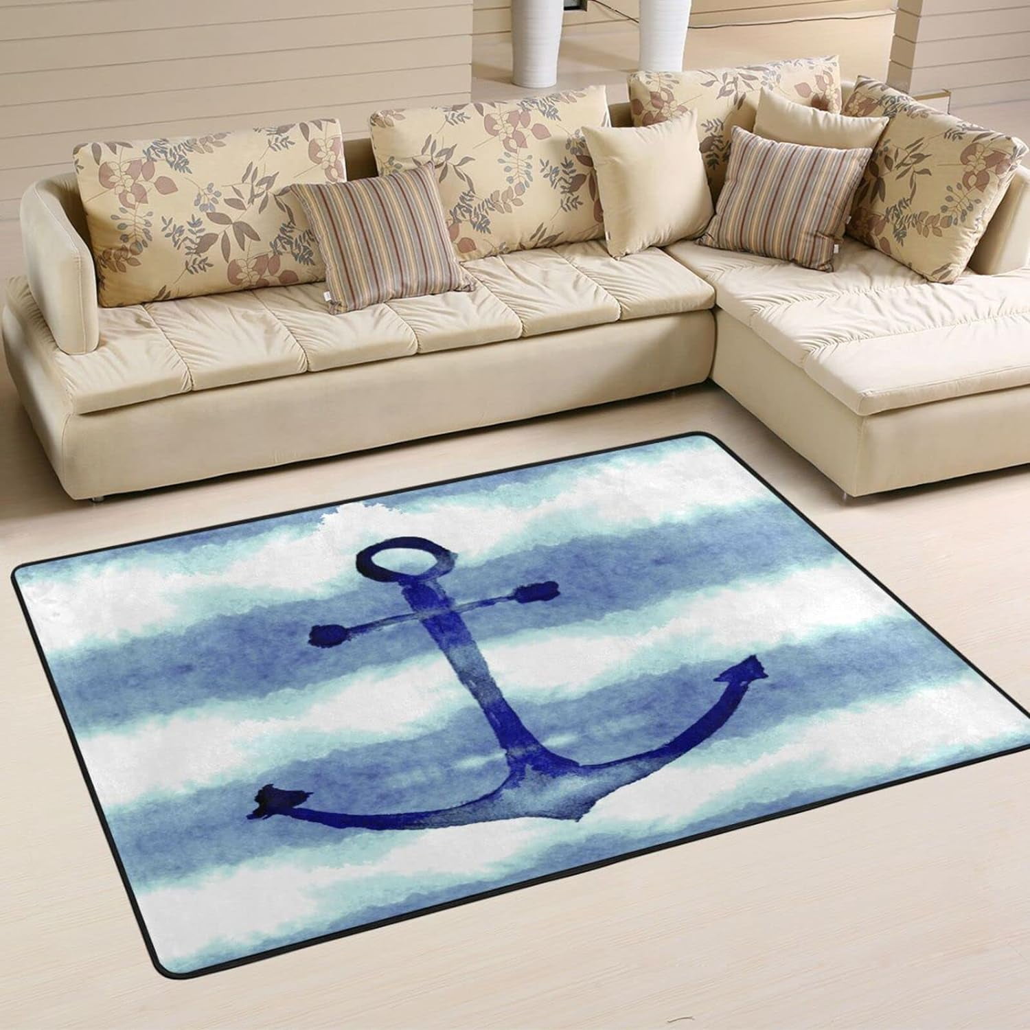 SKYSONIC 36×24in Watercolor Nautical Anchors Sea Area Rug, Summer