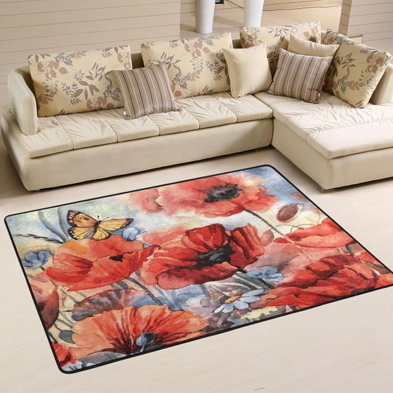 SKYSONIC 36x24in Watercolor Red Poppies Area Rug, Summer Floral Butterfly Non-Slip Floor Carpet for Indoor Living Dining Room Bedroom