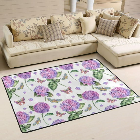 SKYSONIC 36x24in Watercolor Summer Hydrangea Area Rug, Purple Floral Butterflies Non-Slip Floor Carpet for Indoor Living Dining Room Bedroom