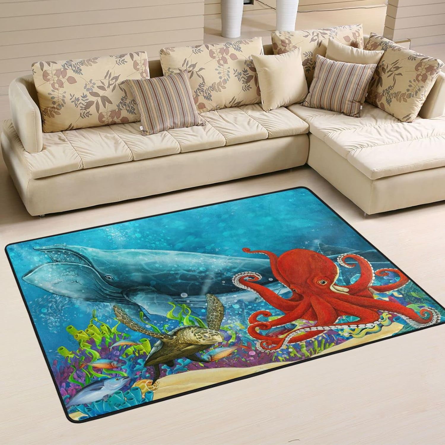 SKYSONIC 36x24in Whale Octopus Coral Reef Area Rug, Sea Turtle ...