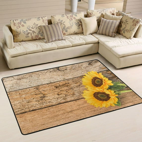 SKYSONIC 36x24in Yellow Sunflowers Area Rug, Brown Wooden Boards Non-Slip Floor Carpet for Indoor Living Dining Room Bedroom