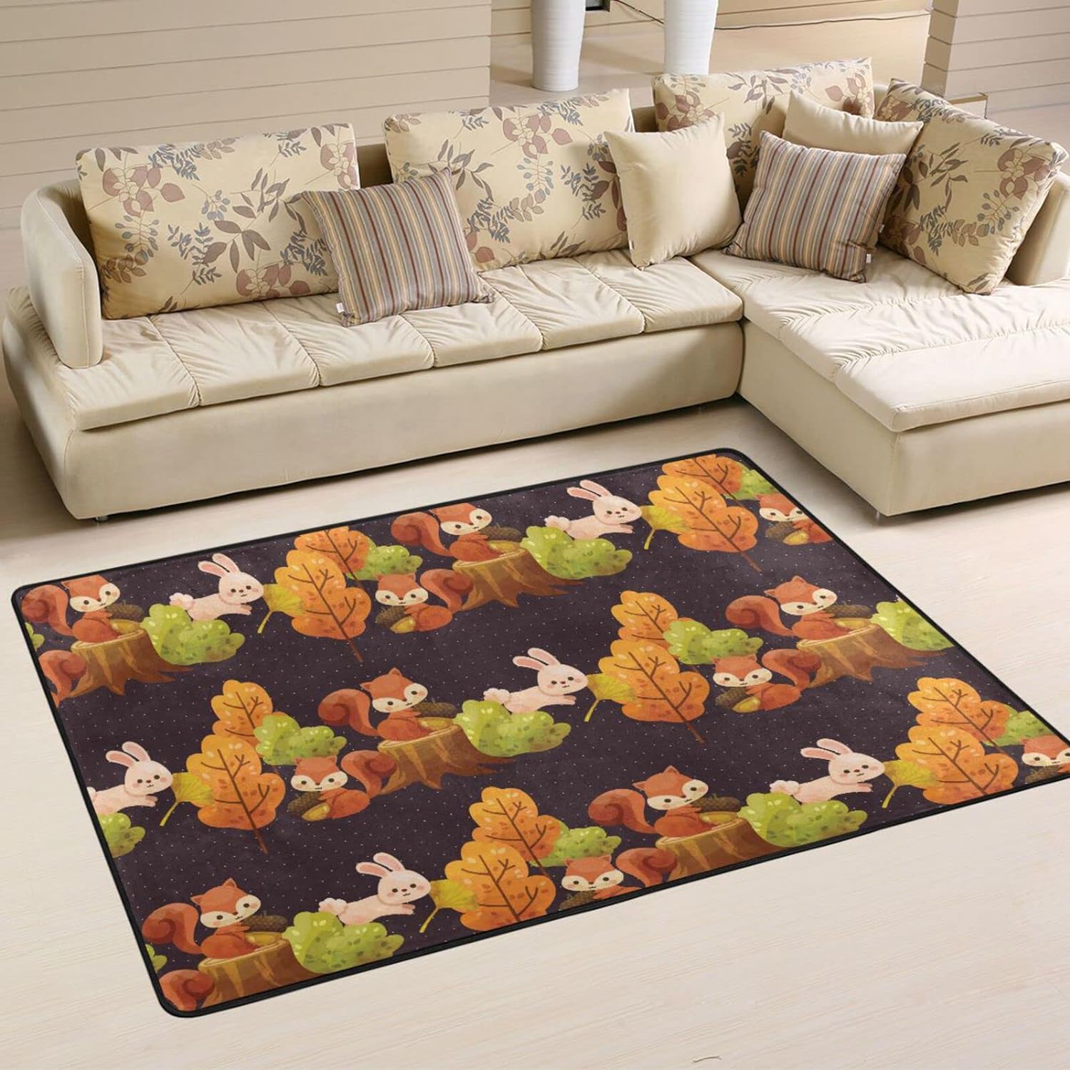 SKYSONIC 36x24in Fall Squirrels Rabbits Area Rug, Autumn Forest ...