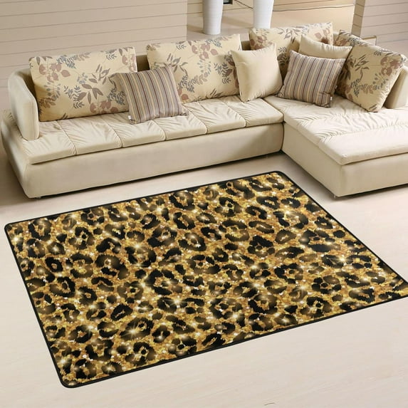 SKYSONIC 36x24in Gold Leopard Pattern Area Rug, Seamless Printed Non-Slip Floor Carpet for Indoor Living Dining Room Bedroom