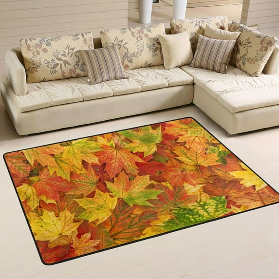 SKYSONIC 36x24in Golden Maple Leaves Area Rug, Fall Natural Leaf Non-Slip Floor Carpet for Indoor Living Dining Room Bedroom
