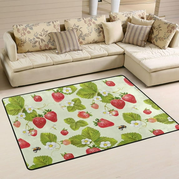 SKYSONIC 36x24in Strawberry Flower Area Rug, Sweet Summer Fruits Floor Carpet for Indoor Living Dining Room Bedroom