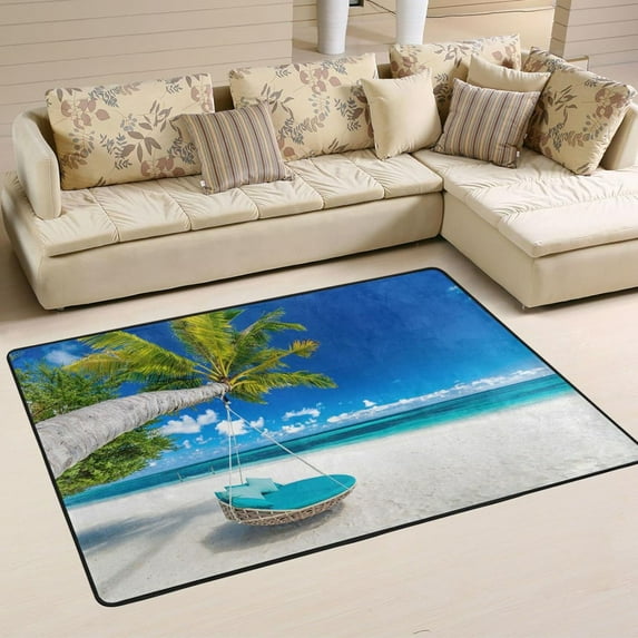 SKYSONIC 36x24in Tropical Sea Beach Area Rug, Summer Palm Tree Non-Slip Floor Carpet for Indoor Living Dining Room Bedroom