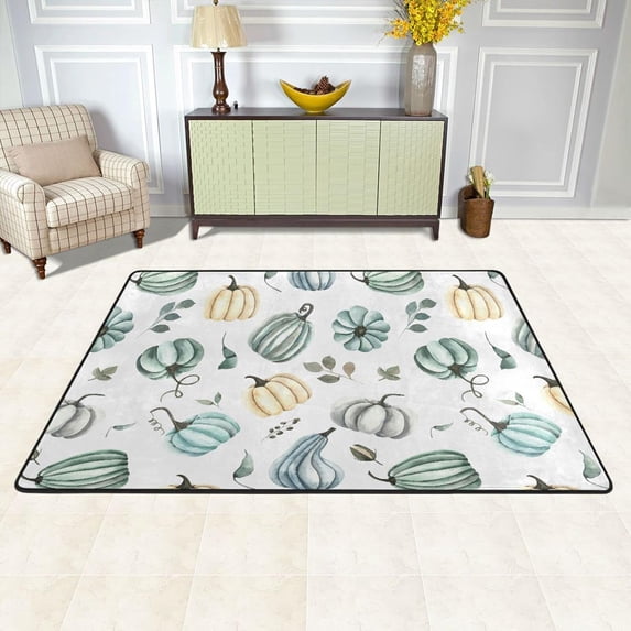 SKYSONIC 36x24in Watercolor Autumn Pumpkins Teal Area Rug, Leaves Branches Berries Autumn Non-Slip Floor Carpet for Indoor Living Dining Room Bedroom