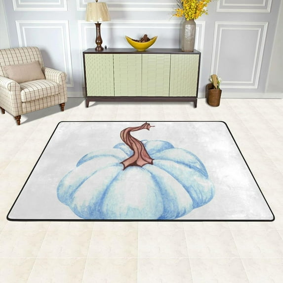 SKYSONIC 36x24in Watercolor Blue Pumpkin Area Rug, Halloween Non-Slip Floor Carpet for Indoor Living Dining Room Bedroom