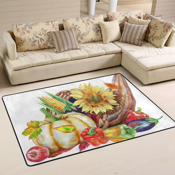 SKYSONIC 36x24in Watercolor Cornucopia Fall Area Rug, Pumpkin Harvest Sunflower Non-Slip Floor Carpet for Indoor Living Dining Room Bedroom