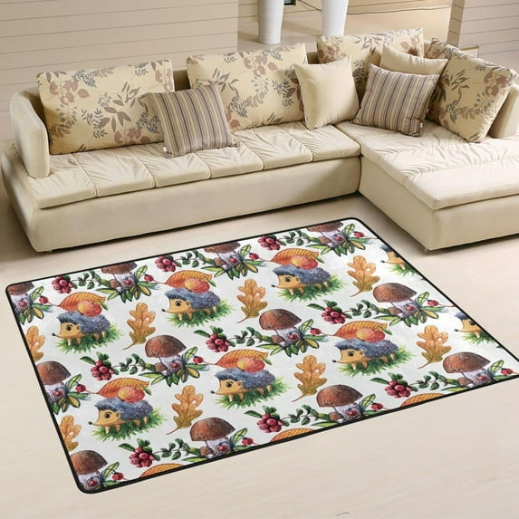 SKYSONIC 36x24in Watercolor Hedgehog Mushroom Area Rug, Autumn Leaves Non-Slip Floor Carpet for Indoor Living Dining Room Bedroom