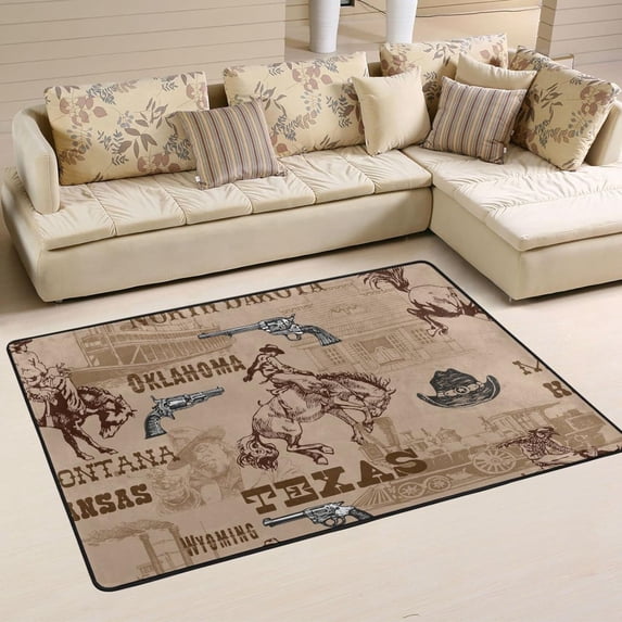 SKYSONIC 36x24in Wild West Rodeo Cowboys Area Rug, Retro Western Country Non-Slip Floor Carpet for Indoor Living Dining Room Bedroom