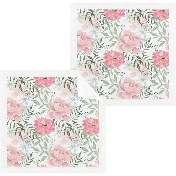 SKYSONIC 4 PCS Cotton Washcloths Towel Set, 12"x 12" Highly Absorbent & Soft Baby Wash Cloths, Face Hand Towels for Bathroom, Multi-Purpose Fingertip Towels (Pink Peonies)
