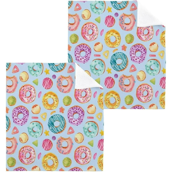 SKYSONIC 4 PCS Donuts Cartoon Watercolor Washcloths, 12"x 12" Cotton Wash Cloths, Highly Absorbent and Soft Face Towels for Bathroom,Gym,Hotel and Spa