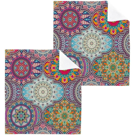 SKYSONIC 4 PCS Mandela Pattern Washcloths, 12"x 12" Cotton Wash Cloths, Highly Absorbent and Soft Face Towels for Bathroom,Gym,Hotel and Spa