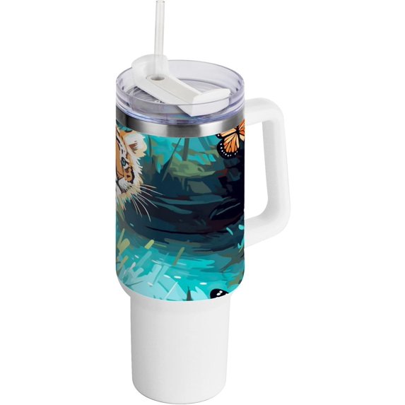 SKYSONIC 40 oz Butterfly Tiger Tumbler with Handle and Straw Lid, Insulated Cup Reusable Stainless Steel Water Bottle Travel Mug