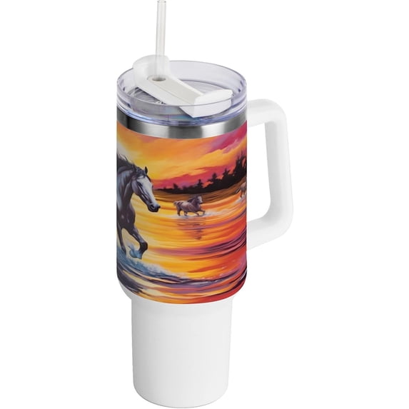 SKYSONIC 40oz Tumbler with Handle and Straw Lid Double Stainless Steel Vacuum Insulated Travel Mug for Hot Cold Water,Horse