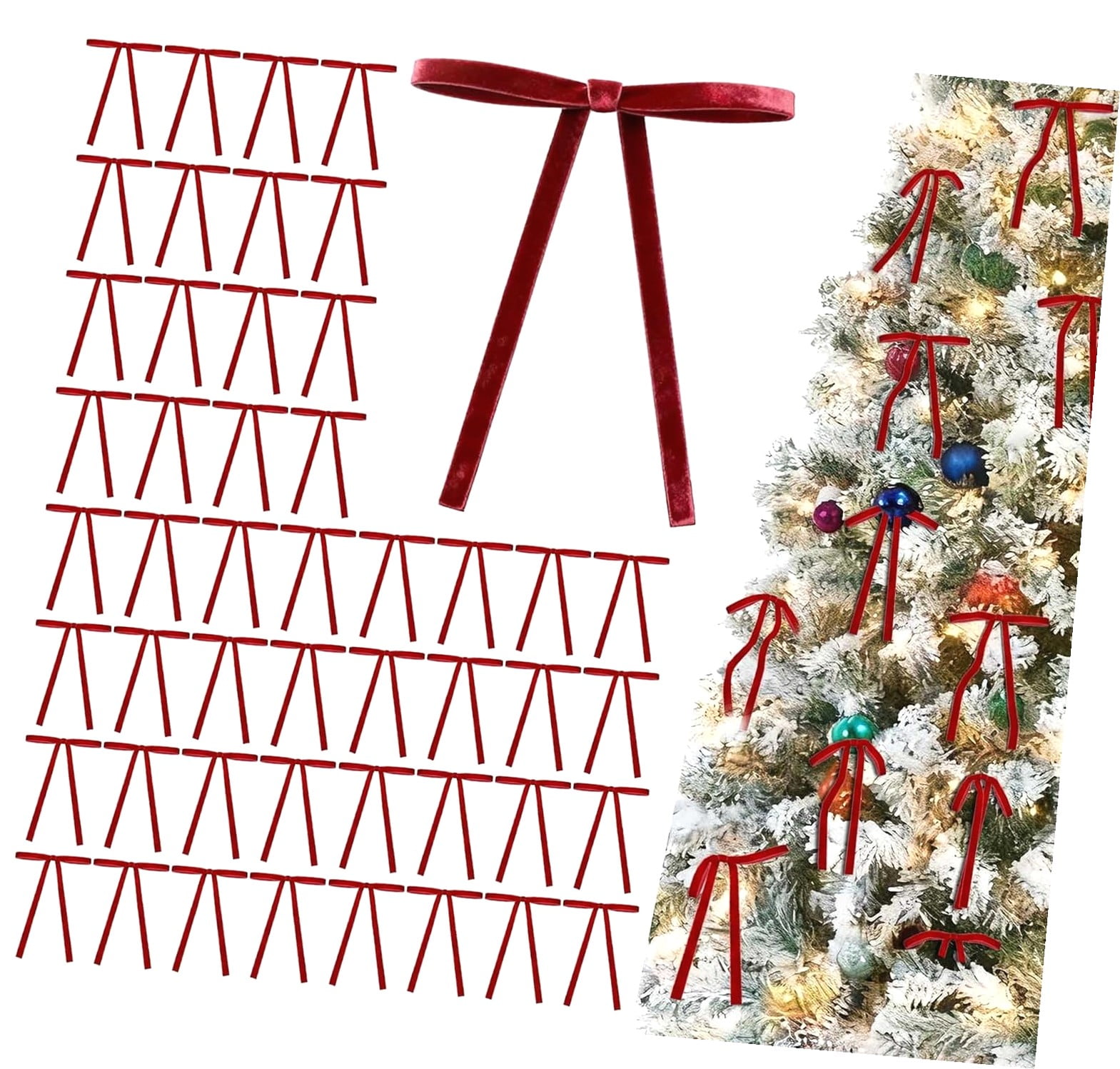 SKYSONIC 48 Pcs Red Velvet Bows, 5'' 7'' Velvet Bows for Christmas Tree, Burgundy Velvet Ornaments for Garland Wreath Candy Bag Bakery Candy Crafts