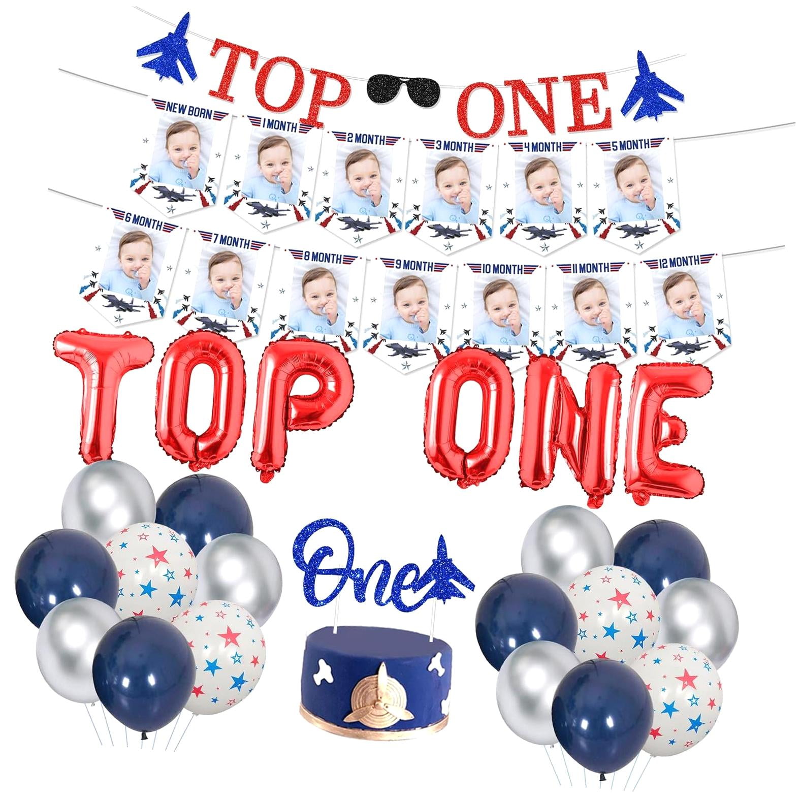 SKYSONIC 49-Piece Fighter Jet Themed First Birthday Decor Set for Boys Includes Glitter Banner, Cake Topper, Photo Banner, and Airplane Balloons for an Aviation-Themed Party