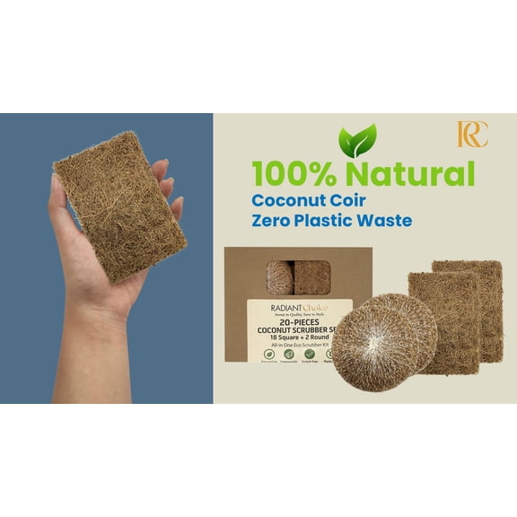 Radiant Choice 20-Piece Coconut Scrubber Set (18 Square + 2 Round) Thick Double-Padded Coir Pads, Hand-Stitched, Compostable, Plastic-Free Multipurpose Natural Kitchen & Home Cleaning Scrubber